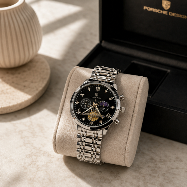 POEDAGAR Male Mechanical-Style Open Heart Wristwatch with Multi-Subdial Display