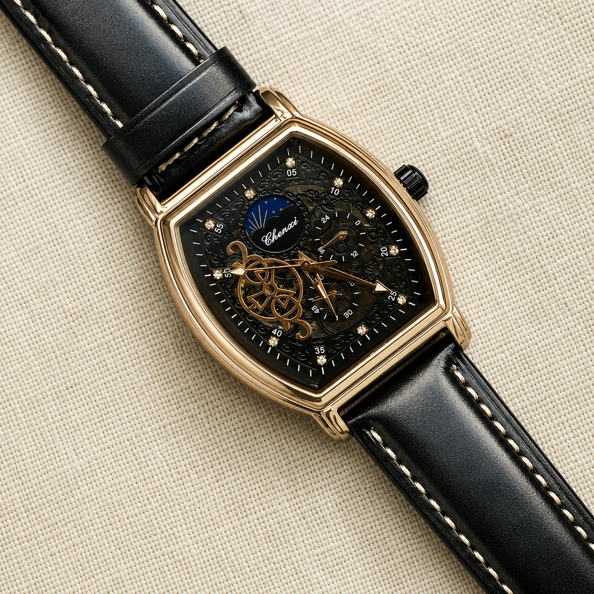 CHENXI Automatic Luxury Tonneau Skeleton Watch for Men