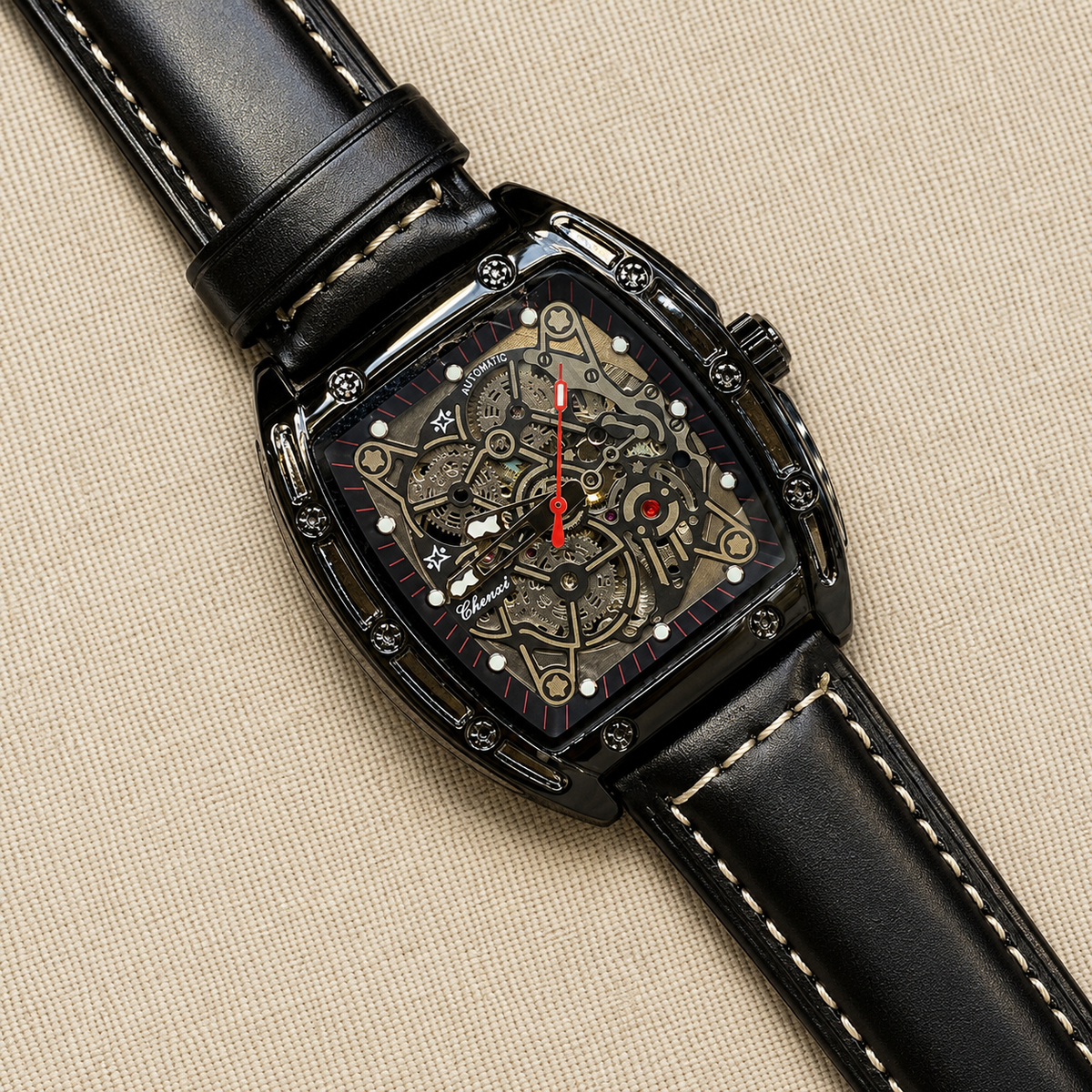 CHENXI Men's Automatic Tonneau Skeleton Mechanical Watch