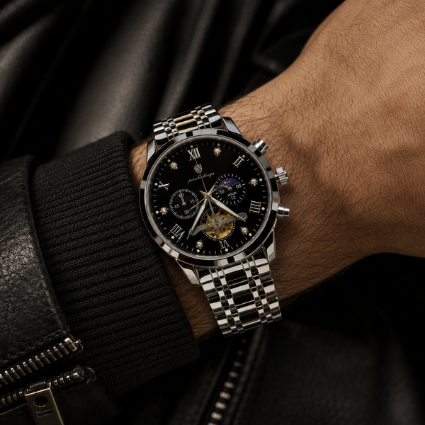 POEDAGAR Male Mechanical-Style Open Heart Wristwatch with Multi-Subdial Display