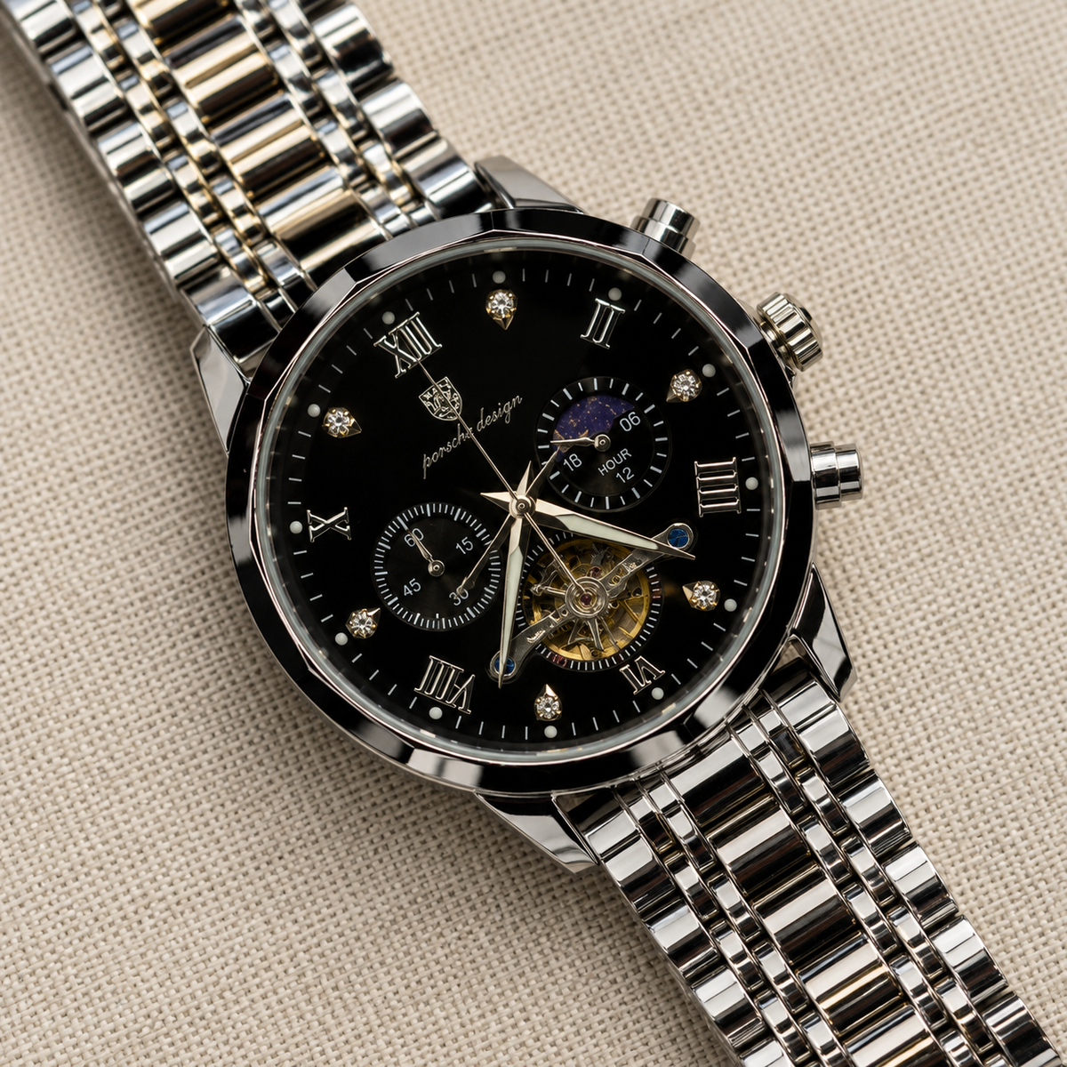 POEDAGAR Male Mechanical-Style Open Heart Wristwatch with Multi-Subdial Display