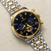 POEDAGAR Male Mechanical-Style Open Heart Wristwatch with Multi-Subdial Display