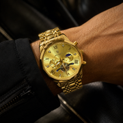 POEDAGAR Male Mechanical-Style Open Heart Wristwatch with Multi-Subdial Display
