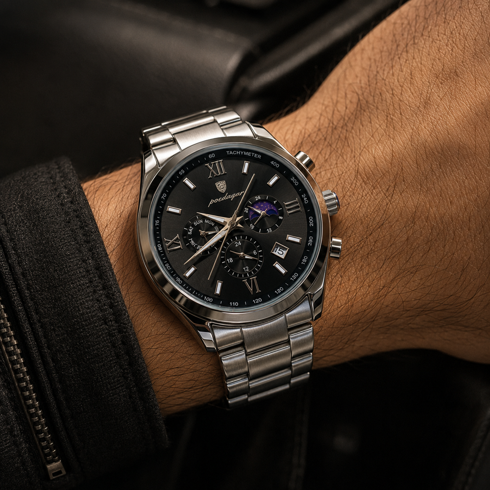 POEDAGAR Luxury Male Quartz Wristwatch with Multi-Subdial & Date Display