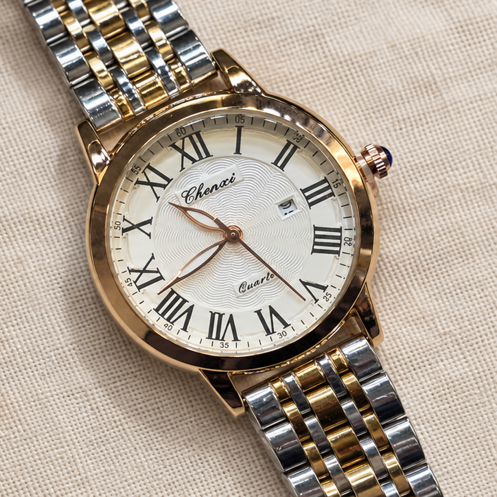 Chenxi Luxury Vintage Gold Bezel Date Display Two-Tone Jubilee Watch
