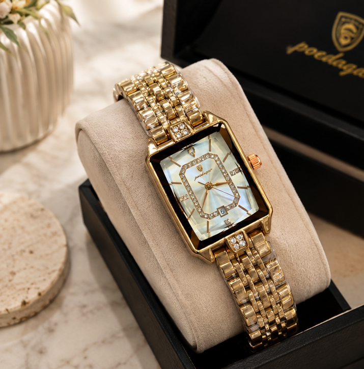 Poedagar Luxury Rectangular Case Diamond Accented Jubilee Bracelet Ladies Watch