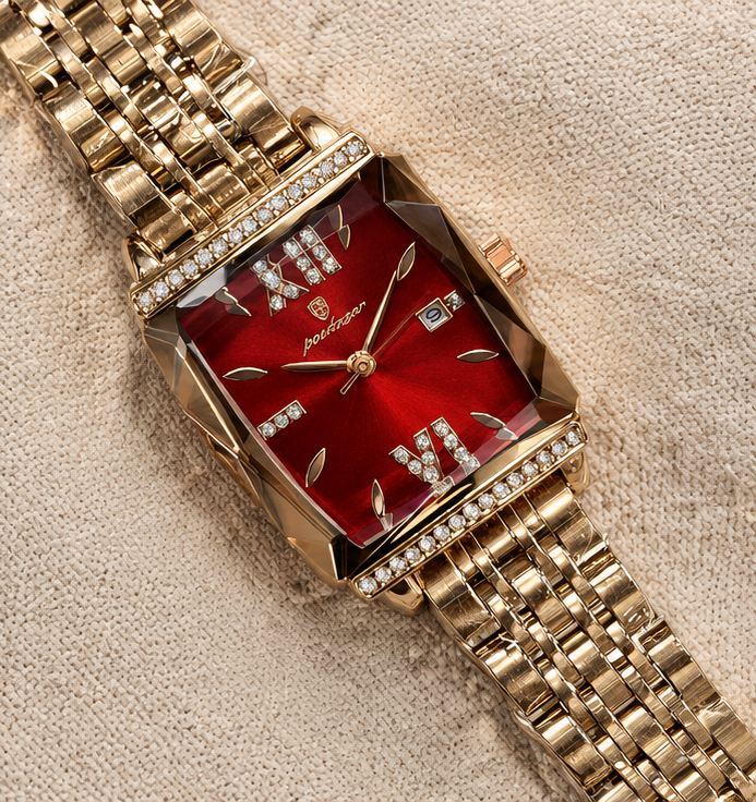 Poedagar Diamond Accent Rectangular Case Jubilee Bracelet Ladies Watch