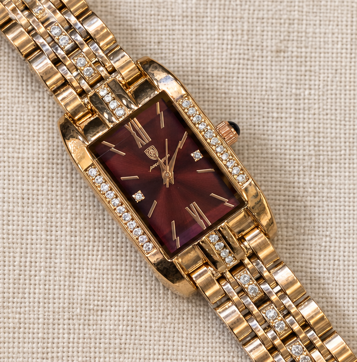 Poedagar Vintage Rectangular Quartz Silver Sunburst Dial Watch