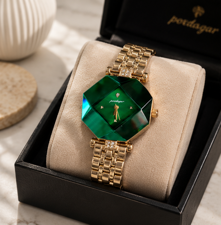 Poedagar Luxury Octagonal Faceted Crystal Emerald Dial Watch