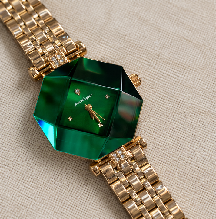 Poedagar Luxury Octagonal Faceted Crystal Emerald Dial Watch