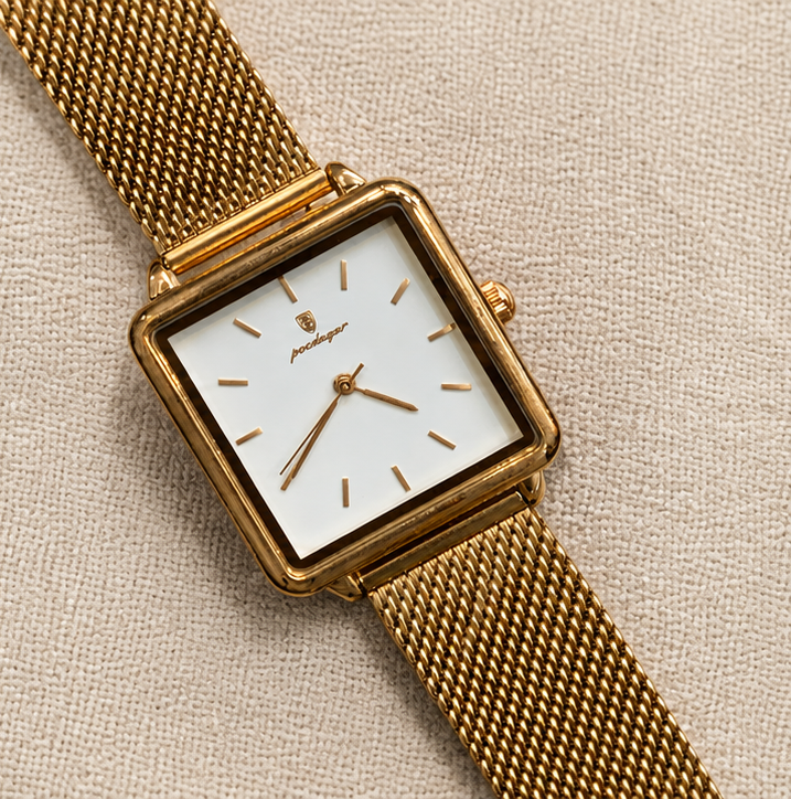 Poedagar Minimalist Square Case Gold Tone Milanese Mesh Watch