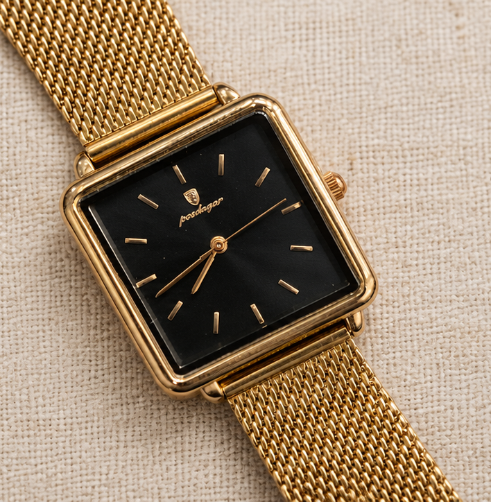 Poedagar Minimalist Square Case Gold Tone Milanese Mesh Watch