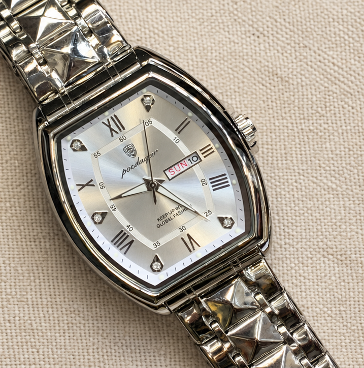 Universal Title Options  Option 1: Poedagar Tonneau Stainless Steel Silver Dial Men's Day-Date Watch  Option 2: Poedagar Vintage Tonneau Case Roman Numeral Day-Date Watch