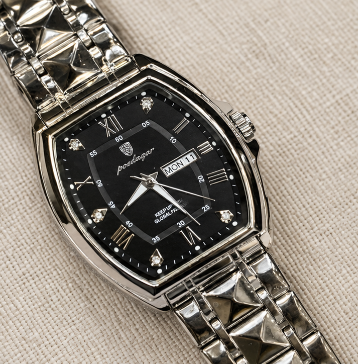 Universal Title Options  Option 1: Poedagar Tonneau Stainless Steel Silver Dial Men's Day-Date Watch  Option 2: Poedagar Vintage Tonneau Case Roman Numeral Day-Date Watch