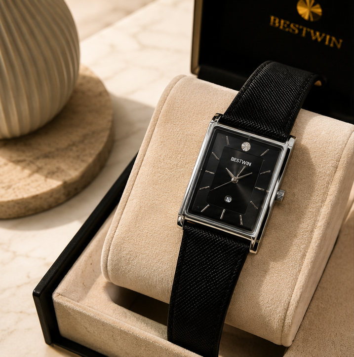 BESTWIN Men's Rectangular Tank Textured Leather Strap Wrist Watch