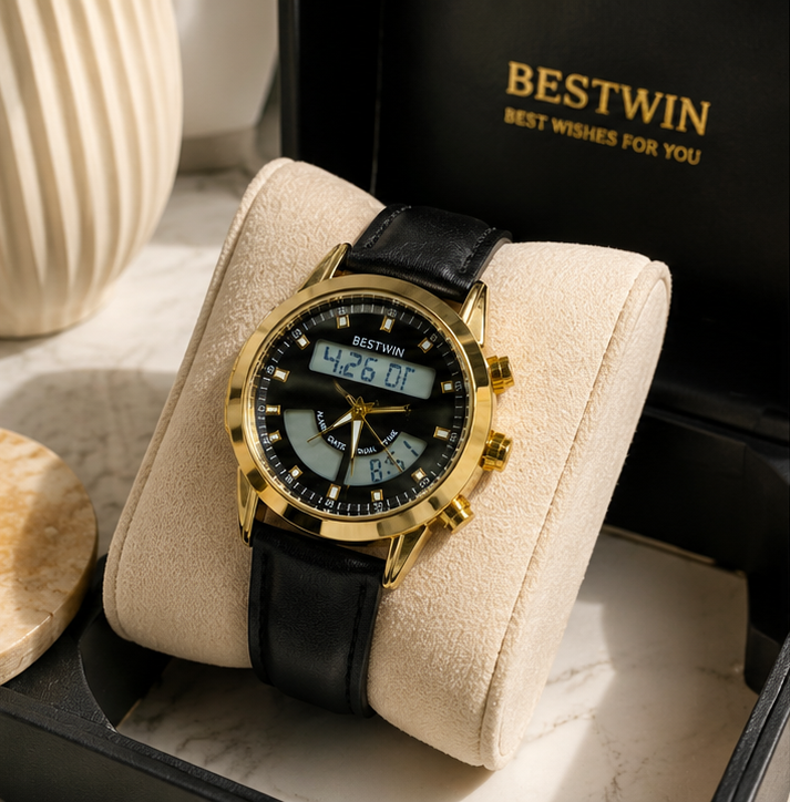 BESTWIN Men's Round Double time Leather Strap Analog Wrist Watch