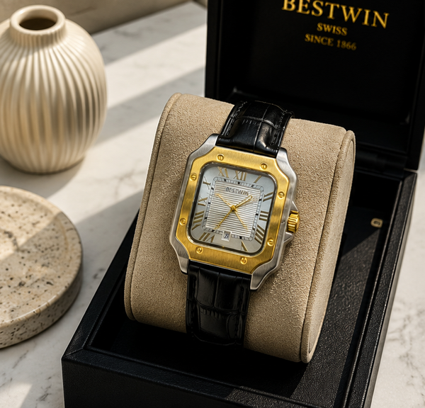 BESTWIN Santos Men's Square Case Leather Strap Analog Wrist Watch