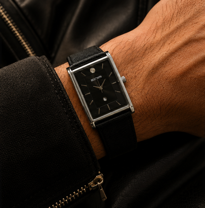 BESTWIN Men's Rectangular Tank Textured Leather Strap Wrist Watch
