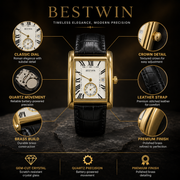BESTWIN Down Second Men's Rectangular Sub-Dial Leather Strap Wrist Watch