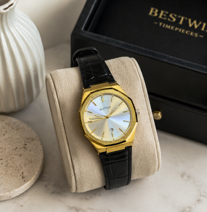 BESTWIN Men's Minimalist Leather Strap Analog Wrist Watch