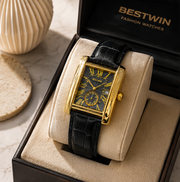 BESTWIN Down Second Men's Rectangular Sub-Dial Leather Strap Wrist Watch
