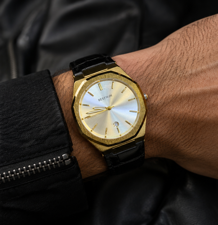 BESTWIN Men's Minimalist Leather Strap Analog Wrist Watch
