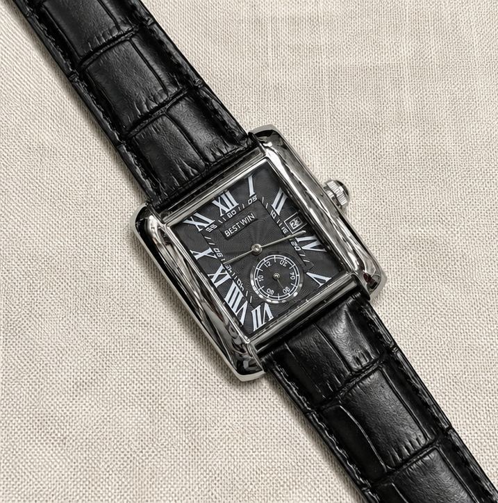 BESTWIN Down Second Men's Rectangular Sub-Dial Leather Strap Wrist Watch