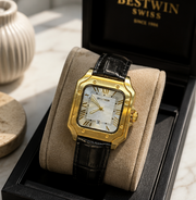 BESTWIN Santos Men's Square Case Leather Strap Analog Wrist Watch